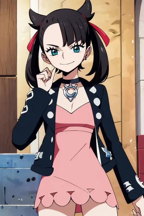 <lora:Oda_Eiichirou_Animation_Style_Dim32:0.8>, ((masterpiece,best quality)), absurdres, <lora:marnie_v1:0.7>, hmmarnie, aqua eyes, black choker, red ribbon, pink dress, jewelry, black jacket, open clothes, long sleeves,  solo, smiling, looking at viewer, cowboy shot, cinematic composition, contrapposto,