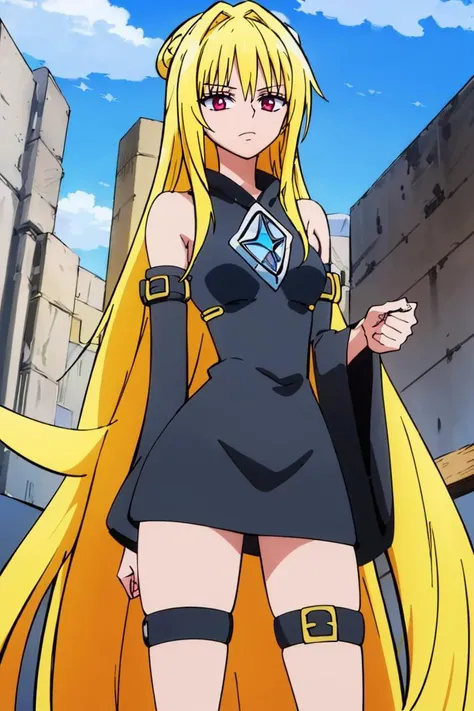 <lora:Oda_Eiichirou_Animation_Style_Dim32:0.8>, ((masterpiece,best quality)), absurdres, (finely detailed beautiful eyes: 1.2), phyami, yaminor, 1girl, solo, blonde hair, long hair, red eyes, thigh strap, very long hair, detached sleeves, black dress, <lora:yami-v1:1.0>,contrapposto