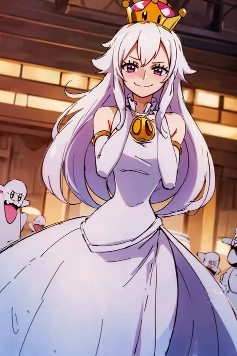 <lora:Oda_Eiichirou_Animation_Style_Dim32:0.8>, ((masterpiece,best quality)), absurdres, <lora:Boosette_Mario_Anime:0.9>, Boosette_Mario, 1girl, long hair, white hair, long white dress, ballroom dress, white gloves,  solo, smiling, blushing, looking at viewer, cowboy shot,  cinematic composition,