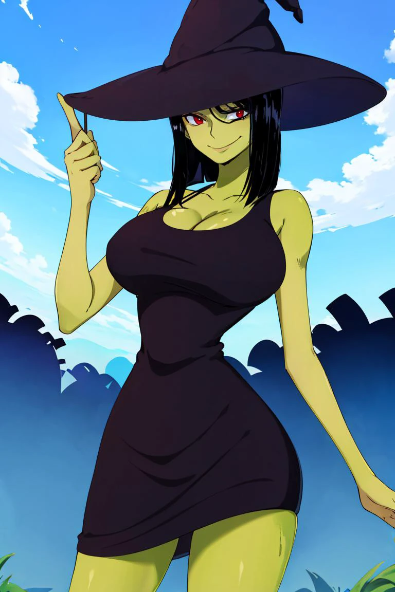<lora:Oda_Eiichirou_Animation_Style_Dim32:0.8>, ((masterpiece,best quality)), absurdres, <lora:Gruntilda_Anime:0.8>, Gruntilda, green skin, long black hair, black dress, red eyes, busty, smug,, witch hat, solo, smiling, looking at viewer, cowboy shot, cinematic composition, contrapposto