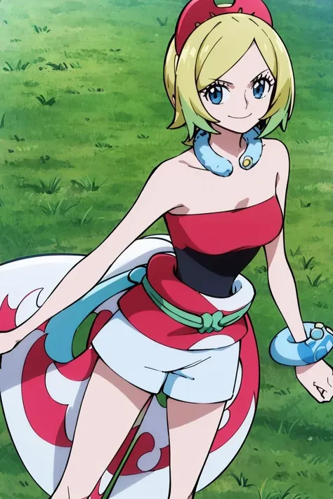 <lora:Oda_Eiichirou_Animation_Style_Dim32:0.8>, ((masterpiece,best quality)), absurdres, <lora:irida_(pokemon)_v1:0.7>, aairida, short hair, red hairband, neck ring, collar, strapless shirt, red shirt, bracelet, sash, waist cape, white shorts, bare legs, solo, smiling, looking at viewer, cowboy shot, cinematic composition, contrapposto,