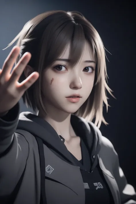 a girl, amiya \(arknights\), arknights, dirty face, outstretched hand, close-up, cinematic angle, foreshortening, dark, dark background, masterpiece, best quality
