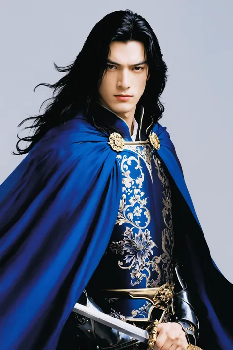 1boy,male focus,solo,cape,flower,armor,blue cape,long hair,black hair,looking at viewer,upper body,traditional media,<lora:Ayami Kojima_XL:0.8>,