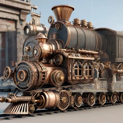 a steampunk train designed from classical Greek architecture using materials from the Iron Age, best quality, high resolution, realistic, masterpiece