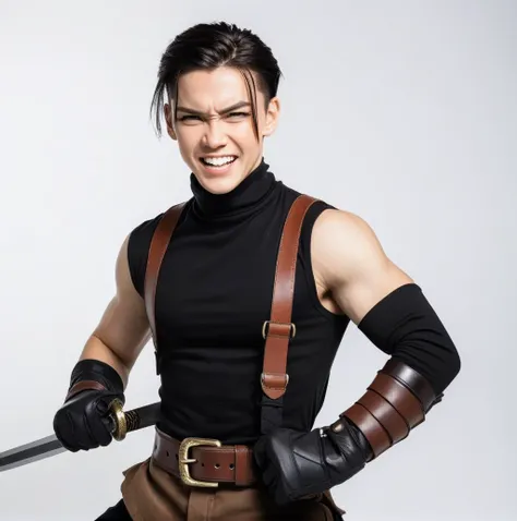 1boy,aqua eyes,armor,belt,black gloves,black hair,black pants,black shirt,brown belt,buster sword,cowboy shot,facial scar,fighting stance,furrowed brow,gloves,grin,hair slicked back,holding,holding sword,holding weapon,huge weapon,looking at viewer,male focus,multiple belts,pants,scar,scar on cheek,scar on face,shirt,short hair,shoulder armor,sleeveless,sleeveless turtleneck,smile,solo,suspenders,sword,teeth,turtleneck,weapon,white background,