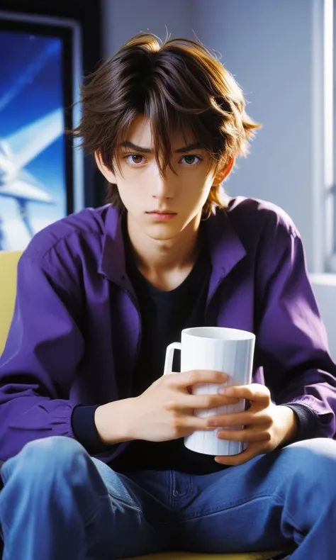 anime,1boy,male focus,ikari shinji,neon genesis evangelion,solo,holding mug,sitting,on chair,holding,serious face,looking at viewer,indoors,upper body,cinematic angle,(masterpiece),(best quality),(ultra-detailed),very aesthetic,illustration,disheveled hair,perfect composition,moist skin,intricate details,