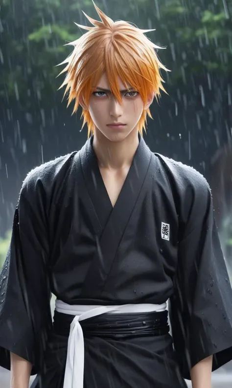 anime,1boy,male focus,kurosaki ichigo,bleach,black hakama,tensa zangetsu (bankai),torn clothes,outdoors,rain,pectorals,(masterpiece),(best quality),(ultra-detailed),very aesthetic,illustration,disheveled hair,perfect composition,moist skin,intricate details,