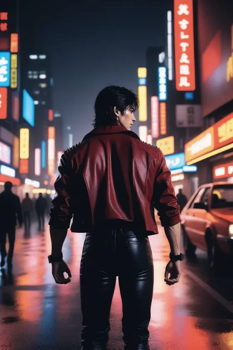 A stunning and dynamic illustration from the City Hunter manga, featuring the charismatic protagonist Ryo Saeba. He wears his iconic red t-shirt, leather jacket, and leather pants, with spiky black hair and a signature casual-yet-confident smile. The bustling Shibuya of behind him is illuminated by colorful lights, neon lights reflecting off rain-slicked streets, and a palpable energy that captures the essence of the City Hunter world. Ryo's stance exudes confidence and readiness for action, while the vibrant city backdrop creates an immersive atmosphere for this captivating scene., cinematic, vibrant, photo