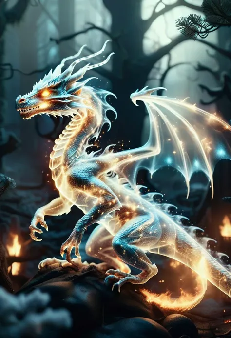 realistic photography of a cute magical transparent fading dragon with burning eyes in an enchanted wonderland, beautiful whimsical fantasy art concept, detailed background, glowing particles, intricate details, realism, ultra sharp, <lora:DonM3x71nc710nXL-v1.2:0.8> DonM3x71nc710nXL,