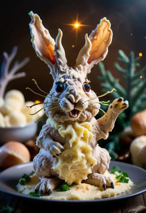 realistic photography of a cute magical jackalope with mythical aura made of mashed potato in an enchanted wonderland, beautiful whimsical fantasy art concept, detailed background, glowing particles, intricate details, realism, ultra sharp <lora:Mashed Potato-SDXL-PAseer:0.8>