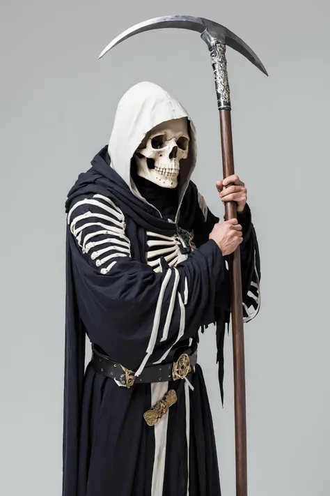 skeleton,scythe,holding,cloak,white background,skull,hood,bandages,simple background,solo,robe,upper body,bandaged head,hat,traditional media,<lora:Ayami Kojima_XL:0.8>,