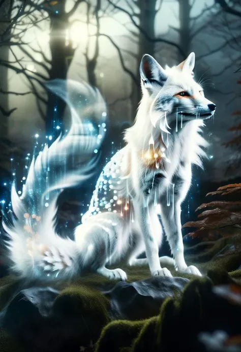 DonM3x71nc710nXL, realistic photography of a cute magical transparent fading kitsune with cunning intelligence in an enchanted wonderland, beautiful whimsical fantasy art concept, detailed background, glowing particles, intricate details, realism, ultra sharp, <lora:DonM3x71nc710nXL-v1.2:1>