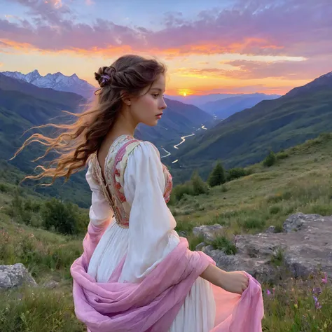 (Alphonse Mucha),(Rembrandt),illustration,(ultra_detailed),finely detail,(Depth of field),
(1girl) is standing in a beautiful valley,surrounded by (mountains:1.2) and under a breathtaking (sky). The sky is painted with hues of (pink),(orange:1.05),and (purple:1.05) as the sun sets in the horizon. (Girl) is dressed in a (white:1.1) dress,with her hair flowing gently in the (breeze:1.05). In the distance,a (river) flows serenely,and (trees) sway gracefully to the rhythm of the wind. The scenery is so beautiful that it takes (girl's) breath away,and she stands there,mesmerized by the stunning view.,
masterpiece,