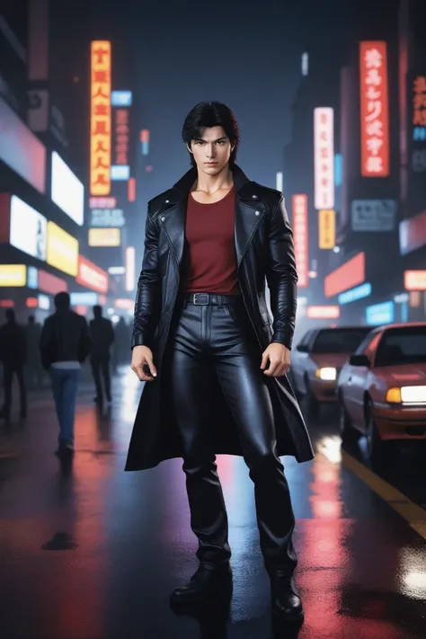 A stunning and dynamic illustration from the City Hunter manga, featuring the charismatic protagonist Ryo Saeba. He wears his iconic red t-shirt, leather jacket, and leather pants, with spiky black hair and a signature casual-yet-confident smile. The bustling Shibuya of behind him is illuminated by colorful lights, neon lights reflecting off rain-slicked streets, and a palpable energy that captures the essence of the City Hunter world. Ryo's stance exudes confidence and readiness for action, while the vibrant city backdrop creates an immersive atmosphere for this captivating scene., cinematic, vibrant, photo