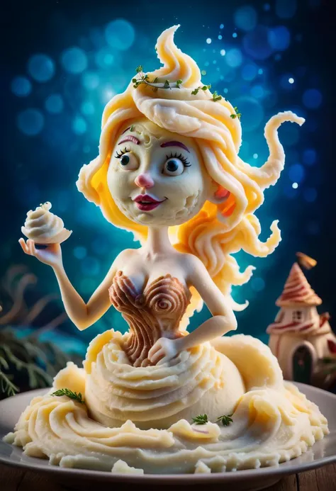 realistic photography of a cute magical siren with hypnotic voice made of mashed potato in an enchanted wonderland, beautiful whimsical fantasy art concept, detailed background, glowing particles, intricate details, realism, ultra sharp <lora:Mashed Potato-SDXL-PAseer:0.8>