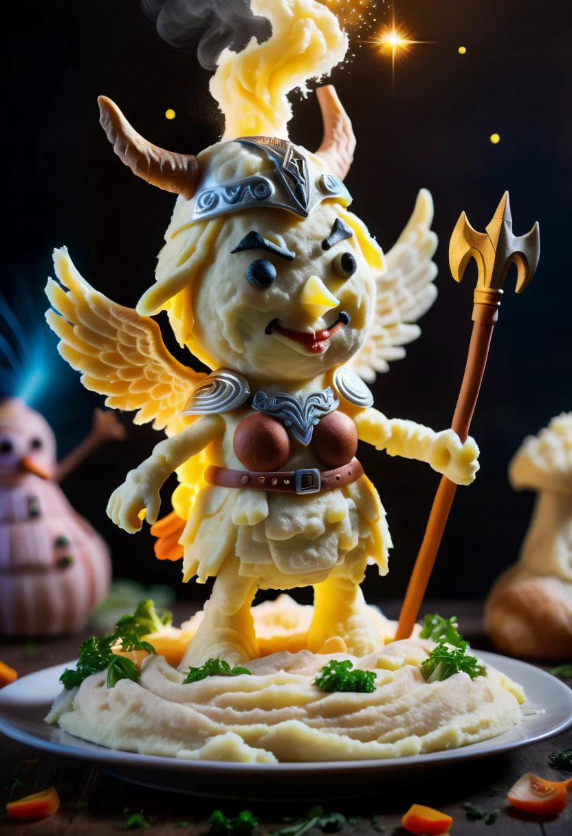 realistic photography of a cute magical valkyrie with heroic courage made of mashed potato in an enchanted wonderland, beautiful whimsical fantasy art concept, detailed background, glowing particles, intricate details, realism, ultra sharp <lora:Mashed Potato-SDXL-PAseer:0.8>