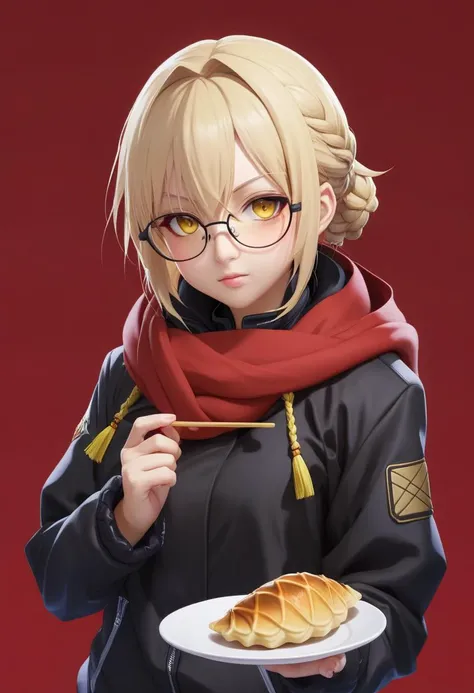 1girl,artist:kanitama (putyourhead),artoria pendragon (fate),mysterious heroine x alter (fate),ahoge,black jacket,blonde hair,braid,food,glasses,hair between eyes,holding,holding food,hood,hooded jacket,jacket,long sleeves,looking at viewer,red background,red scarf,round eyewear,scarf,short hair,sidelocks,simple background,solo,taiyaki,upper body,wagashi,yellow eyes,masterpiece,best quality,