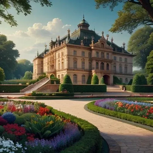 a palace surrounded by a garden,  highly detailed, sharp focus, stunningly beautiful, masterpiece, letemeatcake <lora:Marie_Antoinette_v4:0.5>