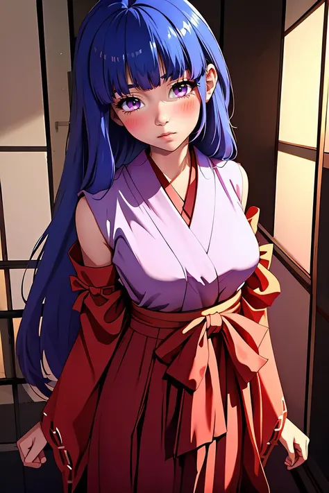 (masterpiece, best quality), 1girl, <lora:Rika Furude anylora:0.8> furude rika, blue hair, long hair, blush, bangs, small breasts, purple eyes, long hair, japanese clothes, hakama, hakama skirt, detached sleeves, miko, skirt, red hakama,