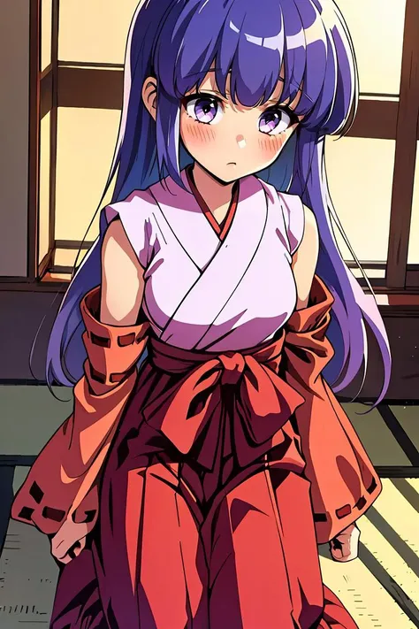 (masterpiece, best quality), 1girl,    <lora:Rika Furude anylora:0.8> furude rika, blue hair, long hair, blush, bangs, small breasts, purple eyes, long hair, japanese clothes, hakama, hakama skirt, detached sleeves, miko, skirt, red hakama,