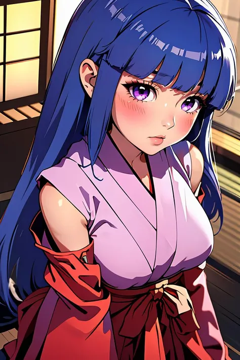 (masterpiece, best quality), 1girl,    <lora:Rika Furude anylora:0.8> furude rika, blue hair, long hair, blush, bangs, small breasts, purple eyes, long hair, japanese clothes, hakama, hakama skirt, detached sleeves, miko, skirt, red hakama,