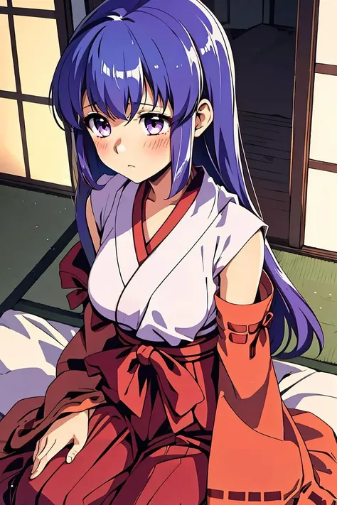 (masterpiece, best quality), 1girl,    <lora:Rika Furude anylora:0.8> furude rika, blue hair, long hair, blush, bangs, small breasts, purple eyes, long hair, japanese clothes, hakama, hakama skirt, detached sleeves, miko, skirt, red hakama,