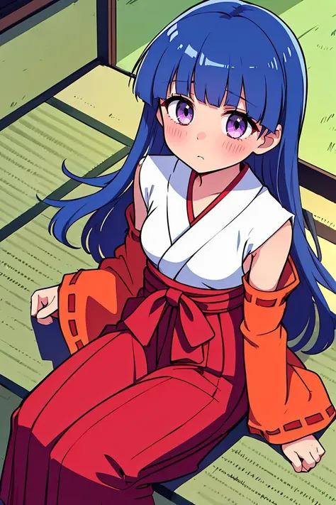 (masterpiece, best quality), 1girl,    <lora:Rika Furude anylora:0.8> furude rika, blue hair, long hair, blush, bangs, small breasts, purple eyes, long hair, japanese clothes, hakama, hakama skirt, detached sleeves, miko, skirt, red hakama,