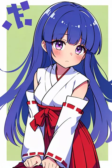 (masterpiece, best quality), 1girl,    <lora:Rika Furude anylora:0.8> furude rika, blue hair, long hair, blush, bangs, small breasts, purple eyes, long hair, japanese clothes, hakama, hakama skirt, detached sleeves, miko, skirt, red hakama,