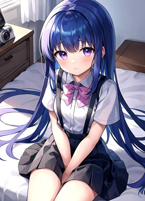 masterpiece, best quality, <lora:Rika Furude anylora-000006:0.7>, 1girl, solo, furude rika, blue hair, long hair, looking at viewer, blush, bangs, small breasts, purple eyes, long hair,, skirt, white shirt, shirt, suspenders, bow, short sleeves, pink bow, pleated skirt, suspender skirt, black skirt, collared shirt, bowtie, arms behind back, dress shirt, pink bowtie, sitting on the bed , drone pov, dutch angle, from above, looking at viewer