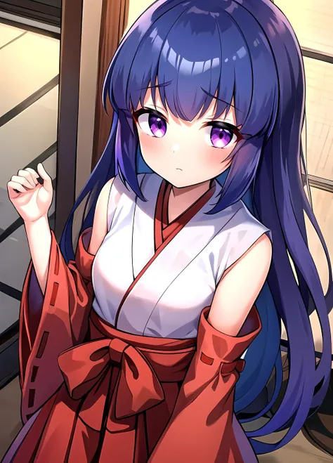 masterpiece, best quality, , <lora:Rika Furude anylora-000006:0.7>, 1girl, solo, furude rika, blue hair, long hair, looking at viewer, blush, bangs, , small breasts, purple eyes, long hair,, japanese clothes, hakama, hakama skirt, purple hair, detached sleeves, miko, skirt, red hakama, upper body