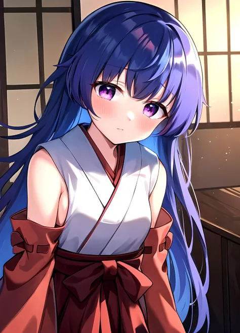 masterpiece, best quality,  , <lora:Rika Furude anylora-000006:0.7>, 1girl, solo, furude rika, blue hair, long hair, looking at viewer, blush, bangs, , small breasts, purple eyes, long hair,, japanese clothes, hakama, hakama skirt, purple hair, detached sleeves, miko, skirt, red hakama, upper body