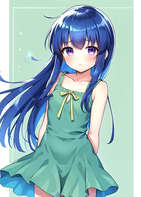 masterpiece, best quality,  <lora:Rika Furude anylora-000006:0.7>, 1girl, solo, furude rika, blue hair, long hair, looking at viewer, blush, bangs,  small breasts, purple eyes, long hair,,  tight clothing,  dress,  sundress, green dress, sleeveless, sleeveless dress, collarbone,  ribbon,  bare shoulders, bare arms, arm behind back