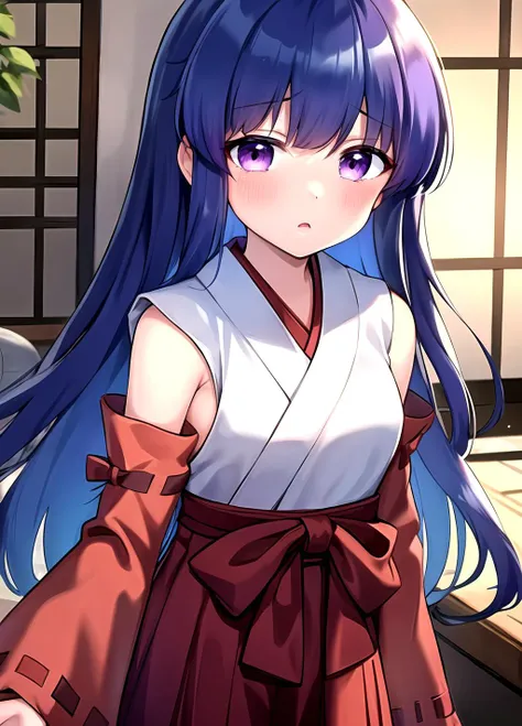 masterpiece, best quality,  , <lora:Rika Furude anylora-000006:0.7>, 1girl, solo, furude rika, blue hair, long hair, looking at viewer, blush, bangs, , small breasts, purple eyes,, long hair, japanese clothes, hakama, hakama skirt, purple hair, detached sleeves, miko, skirt, red hakama, upper body