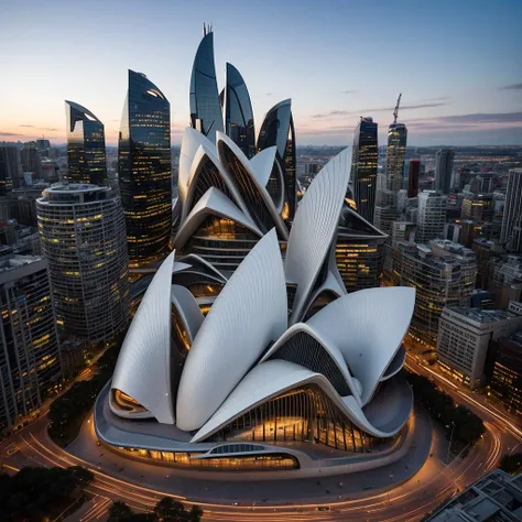 cinematic photo Picture a Zaha Hadid-designed opera house in the heart of the city, made surreal with moleskin-inspired architecture. Capture the fluidity and grace of the structure against the urban backdrop. . 35mm photograph, film, bokeh, professional, 4k, highly detailed