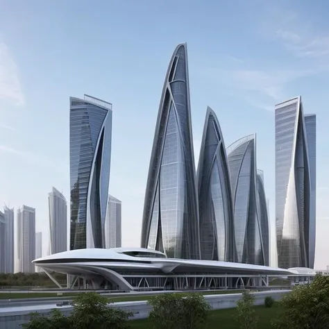 Architectural style Envision a Zaha Hadid-designed industrial concrete skyscraper seamlessly integrated into the city skyline. Emphasize the fusion of industrial aesthetics with the sleek and modern style characteristic of Zaha Hadid's work. . Clean lines, geometric shapes, minimalist, modern, architectural drawing, highly detailed