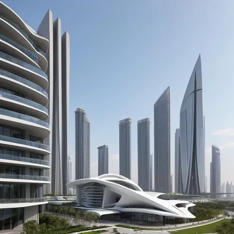 Architectural style Envision a Zaha Hadid-designed industrial concrete skyscraper seamlessly integrated into the city skyline. Emphasize the fusion of industrial aesthetics with the sleek and modern style characteristic of Zaha Hadid's work. . Clean lines, geometric shapes, minimalist, modern, architectural drawing, highly detailed