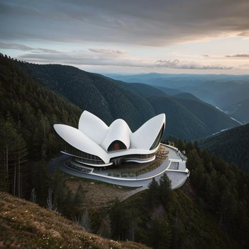 cinematic film still Illustrate an expressionist theater conceived by Zaha Hadid, perched on a mountain and constructed with corduroy-like elements. Emphasize the harmony between the architectural form and the natural landscape. . shallow depth of field, vignette, highly detailed, high budget, bokeh, cinemascope, moody, epic, gorgeous, film grain, grainy