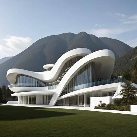 Architectural style Illustrate an expressionist theater conceived by Zaha Hadid, perched on a mountain and constructed with corduroy-like elements. Emphasize the harmony between the architectural form and the natural landscape. . Clean lines, geometric shapes, minimalist, modern, architectural drawing, highly detailed