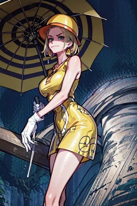 a girl, umbrella, Mikita, in the park,
(earrings, yellow dress, hat:1.3) <lora:Mikita:0.8>