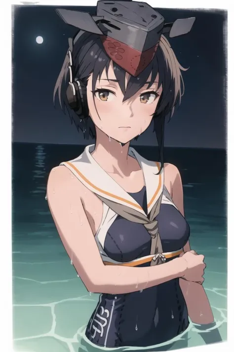 masterpiece, best quality, highres, high_quality, high_quality_anime, high_resolution,
1girl, solo,
ocean, horizon,
<lora:I1314-v0.1:1>
I13KC, swimsuit, (black) one-piece swimsuit, (white) sailor collar, (brown) neckerchief, framed breasts, headphones, (I13) hat, hat fins, asymmetrical hair, (left-side) asymmetrical hair,
partialy submerged, looking at viewer, wet, (night), upper_body, face_focus, close-up,
closed mouth, <lyco:shizuma_locon_v1-000004:0.7>