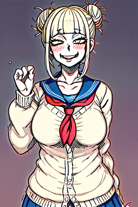 oldap 1girl  with large breasts((([monochrome::0.1],masterpiece:1.2,picturesque:1.2)))toga himiko, boku no hero academia, 1girl, bags under eyes, bangs, blonde hair, blue sailor collar, blunt bangs, blush, cardigan, double bun, grin, hair bun, hand up, happy, long sleeves, looking at viewer, messy hair, neckerchief, red neckerchief, sailor collar, sanpaku, school uniform, serafuku, short hair, sidelocks, slit pupils, smile, solo, twitter username, upper body, v, yellow cardigan, yellow eyes, standing, <lora:togaHimikoLora_offset:0.5> by     <lora:OldAp_Vol001:0.7>