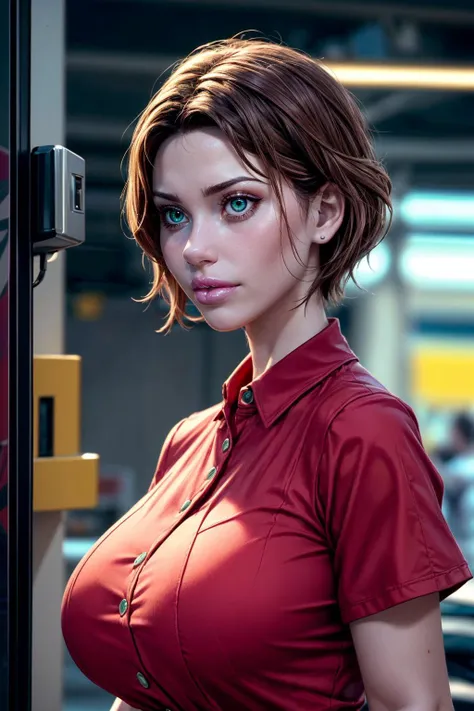 (ultra realistic,32k, masterpiece:1.2),(high detailed skin:1.1),( high quality:1.1),
<lora:ANNIE-V2:0.8>(serious:1.1),brown hair,rosy cheeks, green eyes, red dress, short hair, short sleeves,biometric security hub, retina scanners, fingerprint locks, dna-based access control, next-gen security blurry background,fighting pose, (huge breast,large breast:1.1),<lora:add_detail:1>,mature adult women, 38yo, 
(dynamic lighting:1.1),