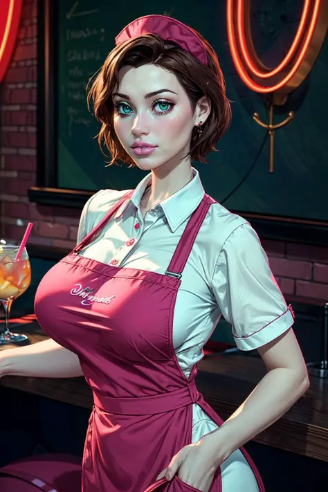 (ultra realistic,32k, masterpiece:1.2),(high detailed skin:1.1),( high quality:1.1),
<lora:ANNIE-V2:0.8>(sulking:1.1),brown hair, rosy cheeks,  green eyes, red dress, short hair, short sleeves,waitress,pink waitress outfit, apron,  diner, food, drinks,,(looking at viewer, standing from above:1.1),, (huge breast,large breast:1.1),<lora:add_detail:0.85>,mature adult women, 38yo, 
(ambient lighting:1.1),