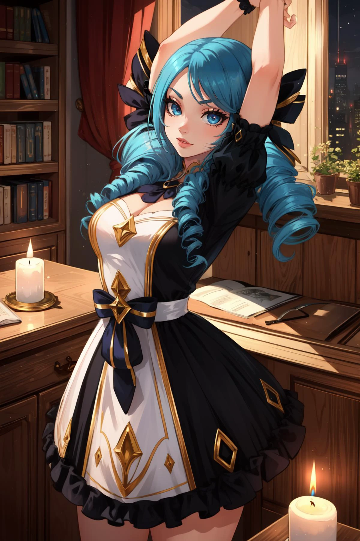 (masterpiece, best quality), intricate details,
1girl, <lora:gwen-08:0.8> twin drills, drill hair, twintails, bow, hair bow, black bow, dress, short sleeves, grey dress, puffy sleeves, black dress, gwen,
indoors, night time, candle light, stretching,