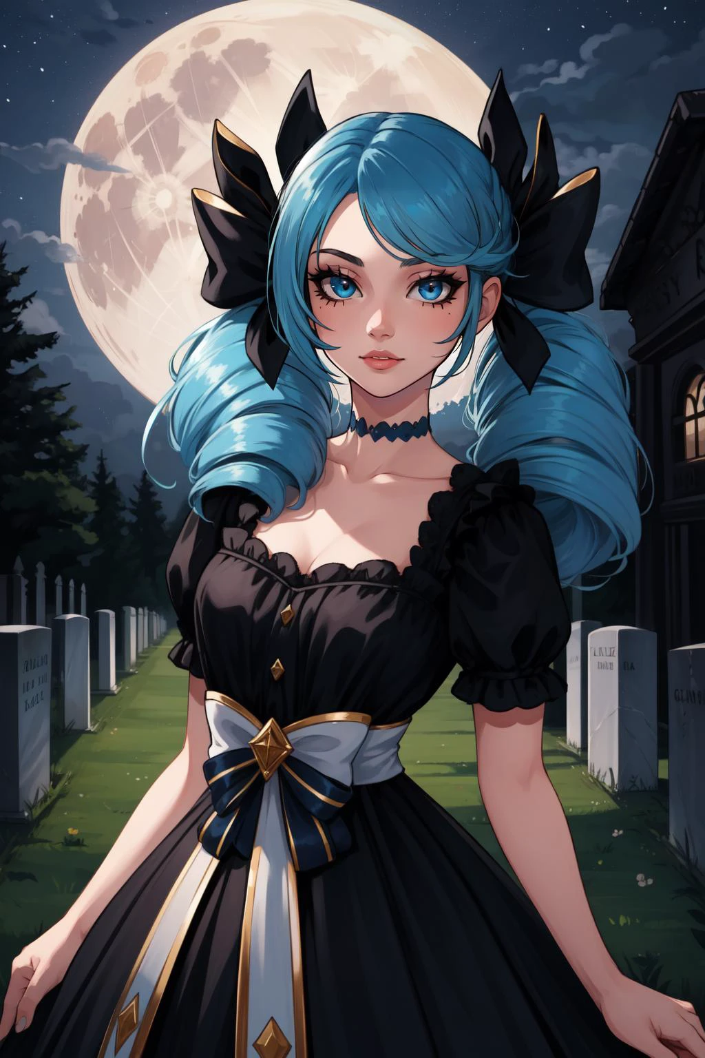 (masterpiece, best quality), intricate details,
1girl, <lora:gwen-08:0.8> twin drills, drill hair, twintails, bow, hair bow, black bow, dress, short sleeves, grey dress, puffy sleeves, black dress, gwen,
night, full moon, blood on face, horror, cemetery,