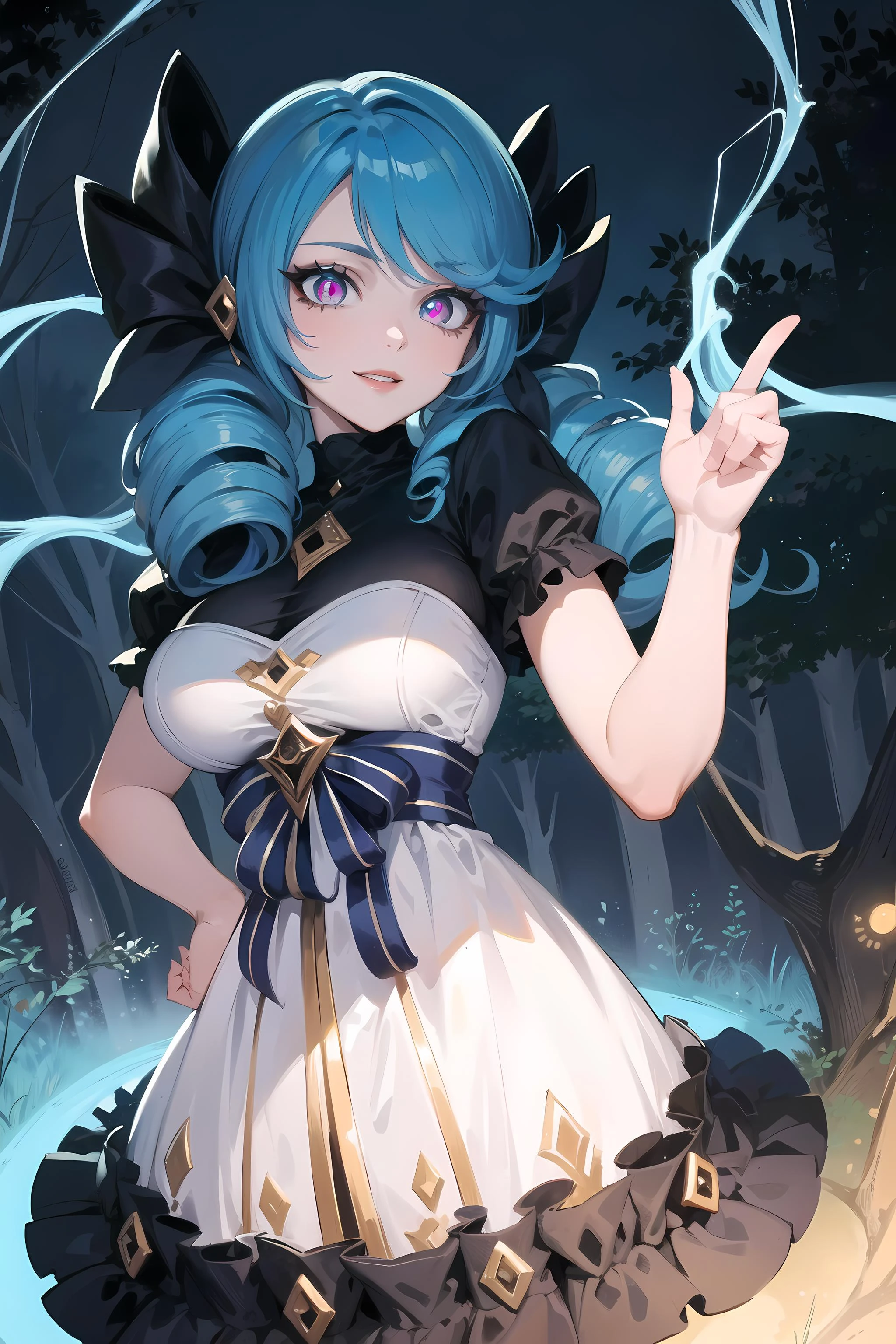 (masterpiece, best quality, glowing light, glistening, shiny skin, ultra detailed, detailed background, complex background),(perfect face, detailed face, detailed eyes,perfect hands,perfect fingers), (large boobs:1.2,smile),(mature female:1.4),cowboy shot,thicc,
gwen, long hair,((gradient hair)),multicolored eyes, gradient eyes, (glowing eyes:1.5), mascara, (fashion make up), parted lips, twin drills, drill hair, twintails, bow, hair bow, black bow, dress, short sleeves, grey dress, puffy sleeves, black dress
((haunted forest, new tree, spider webs, night)),((super detailed background)), dynamic poses, ((8k wallpaper)),<lora:gwen-08:1>