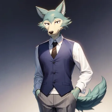 (best quality, masterpiece:1), furry male anthro legoshi wolf, solo, standing, grey hands, body fur, white dress shirt, grey necktie, blue vest, striped pants, long sleeves, looking at viewer, smile, closed mouth, abstract background, detailed octane render, black eyes, small pupils, tail, <lora:legoshi-v2-locon:1.0>