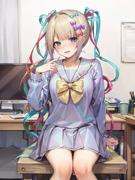 masterpiece, best quality, absurdres, 1girl, school uniform, kangel, sitting, light smile, cute smile, cute, innocent, blush, streaming, computer screen,<lora:kangel:1>