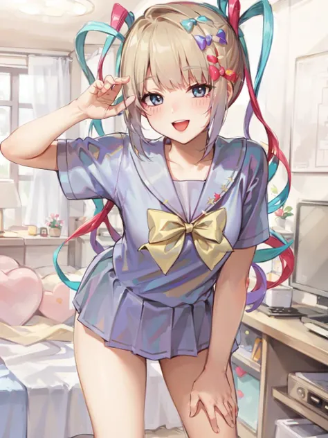 masterpiece, best quality, absurdres, 1girl, school uniform, kangel, smile, standing, contrapposto, bedroom, leaning forward, <lora:kangel:1>