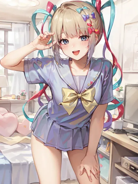 masterpiece, best quality, absurdres, 1girl, school uniform, kangel, smile, standing, contrapposto, bedroom, leaning forward, <lora:kangel:1>